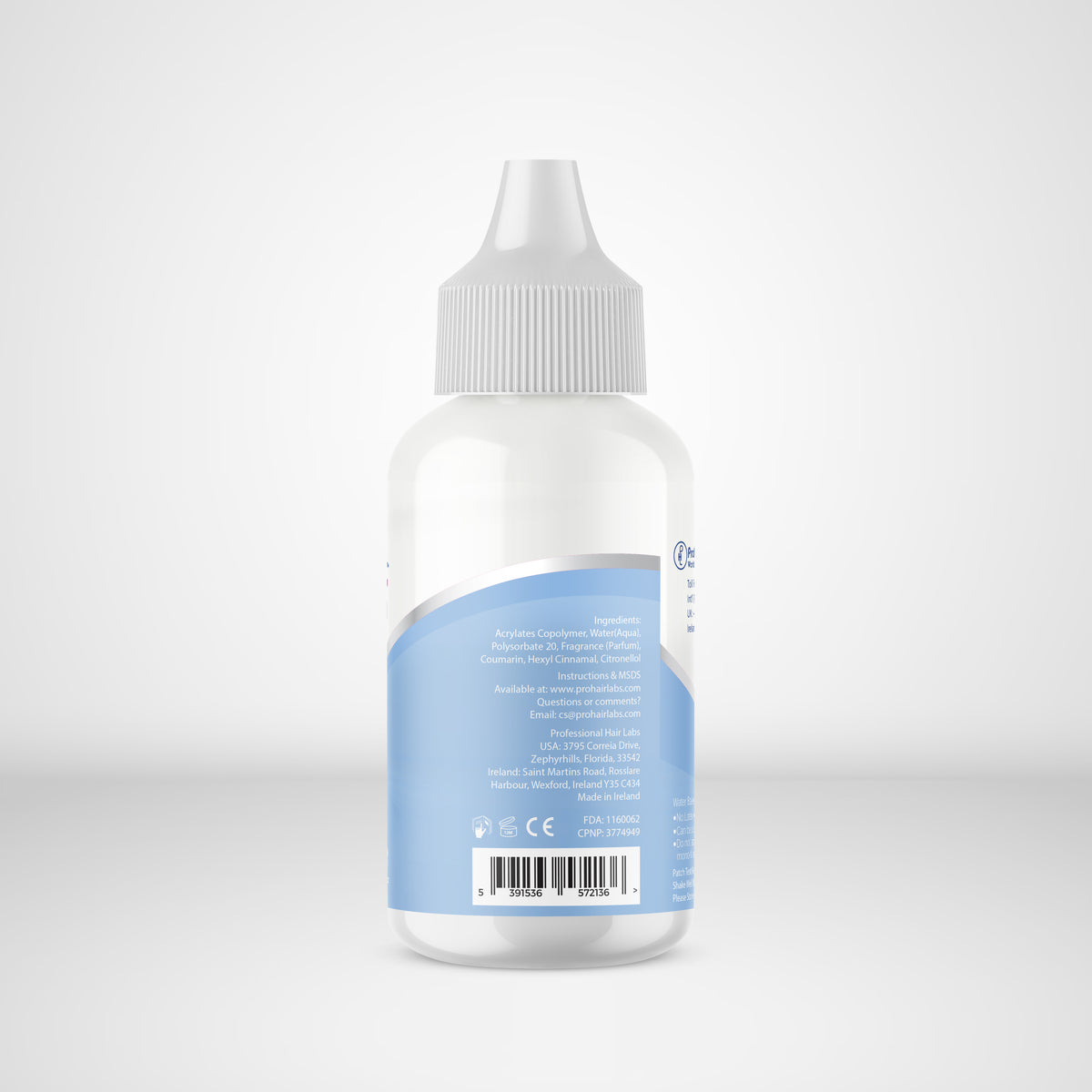 White bottle with a white cap on a light gray background