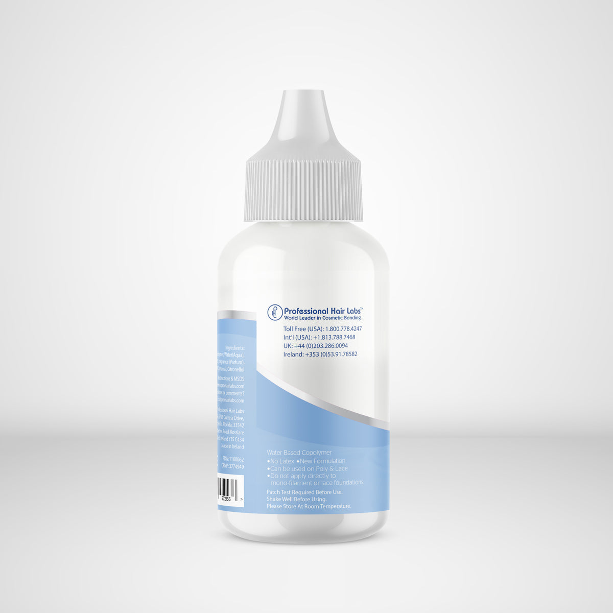 Bottle with a blue label on a white background