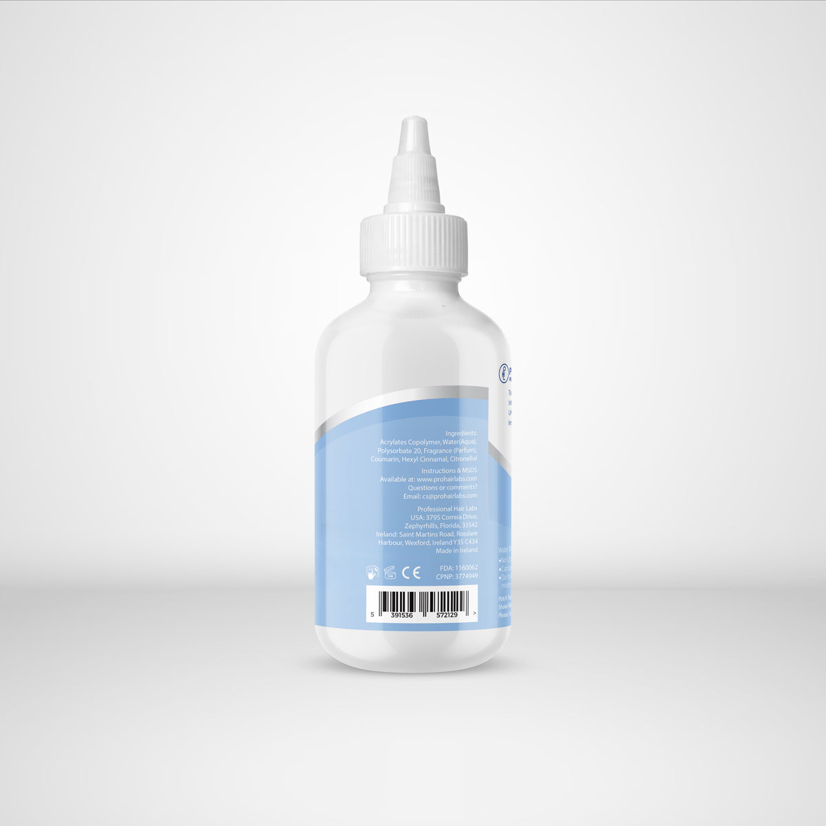 Bottle with a blue label on a white background