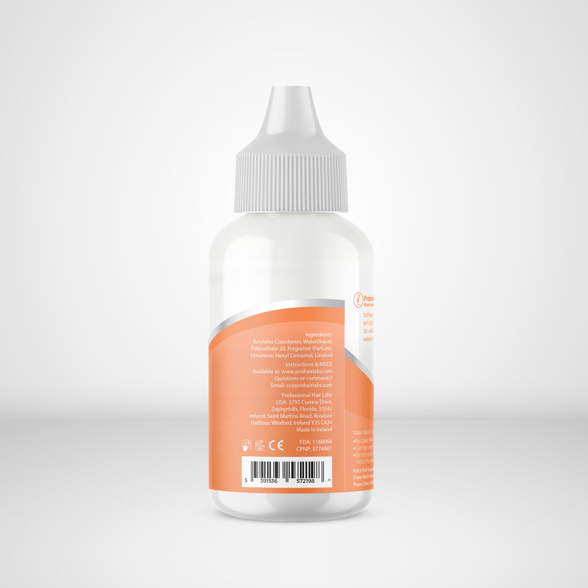 Bottle with an orange label on a white background