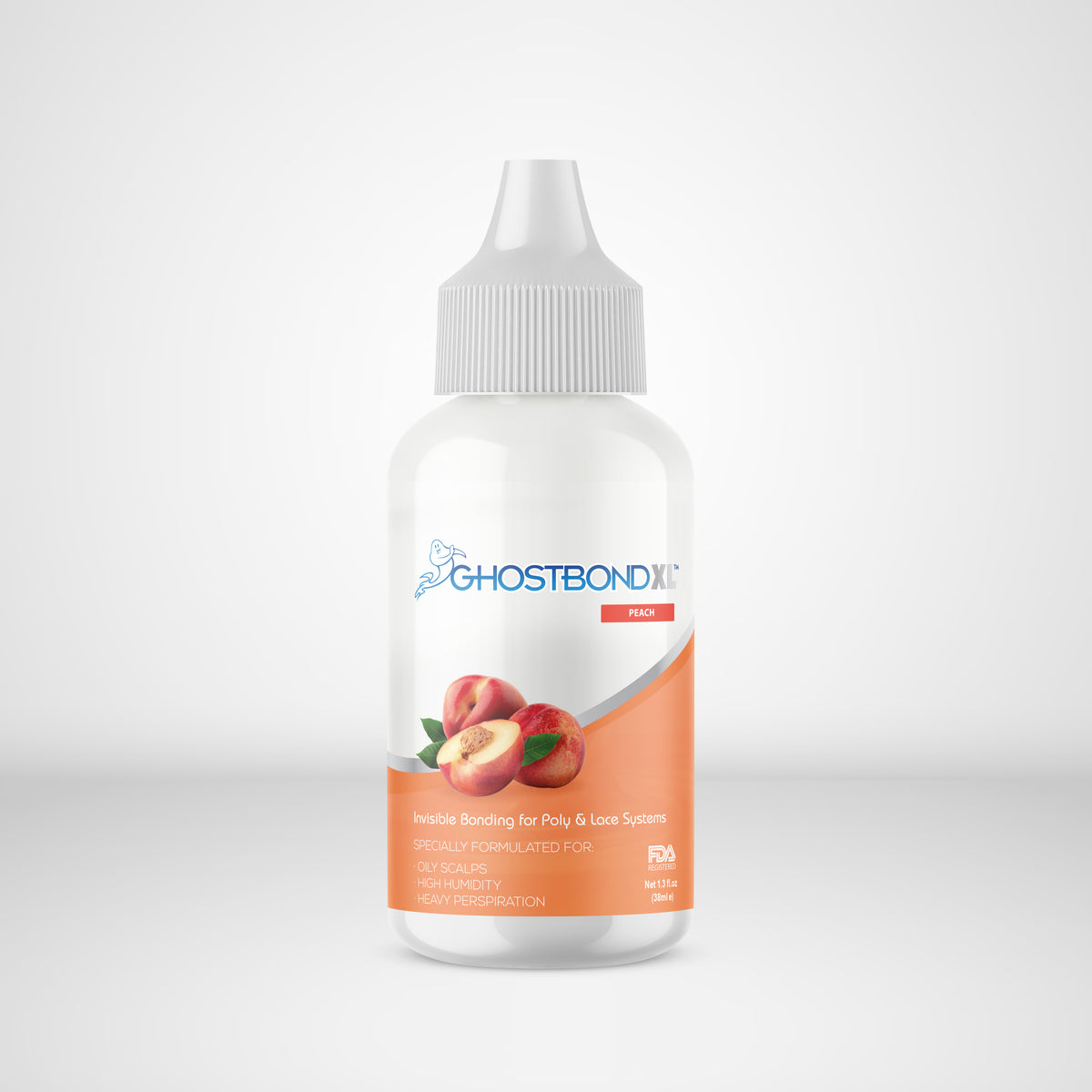 Ghostbond XL bottle with peach illustrations on a light gray background