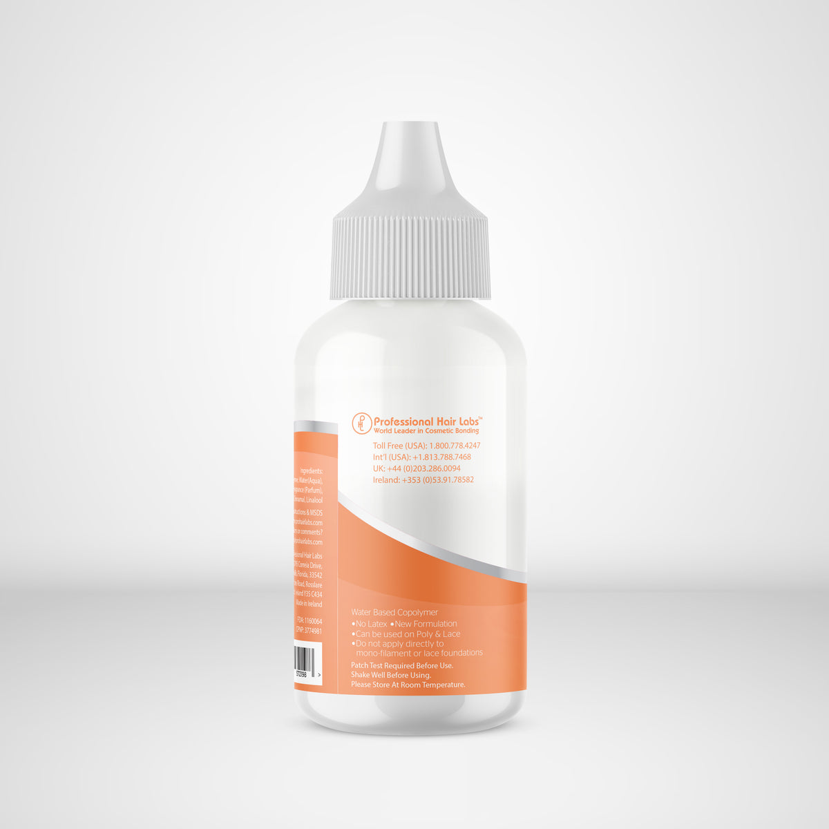 Bottle with a white cap and orange label on a light gray background
