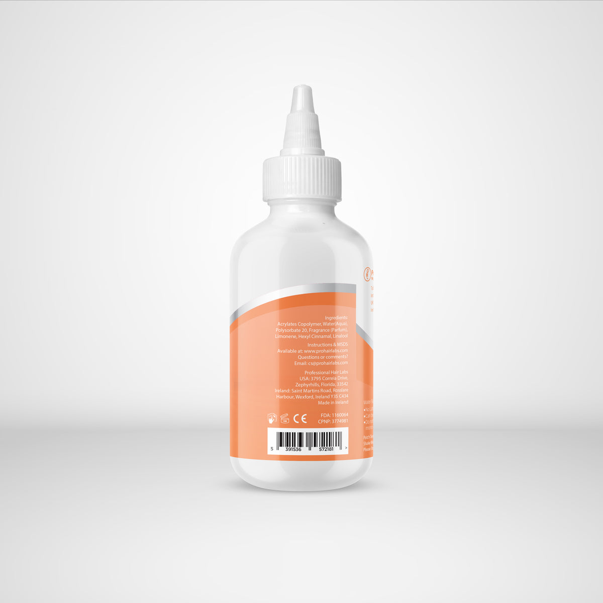 Bottle with an orange label on a white background