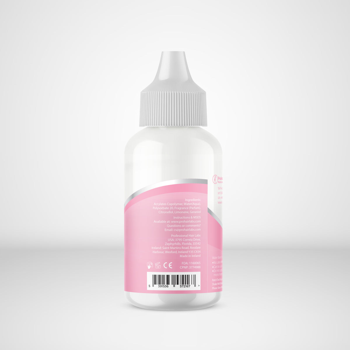 Bottle with a pink label on a light gray background
