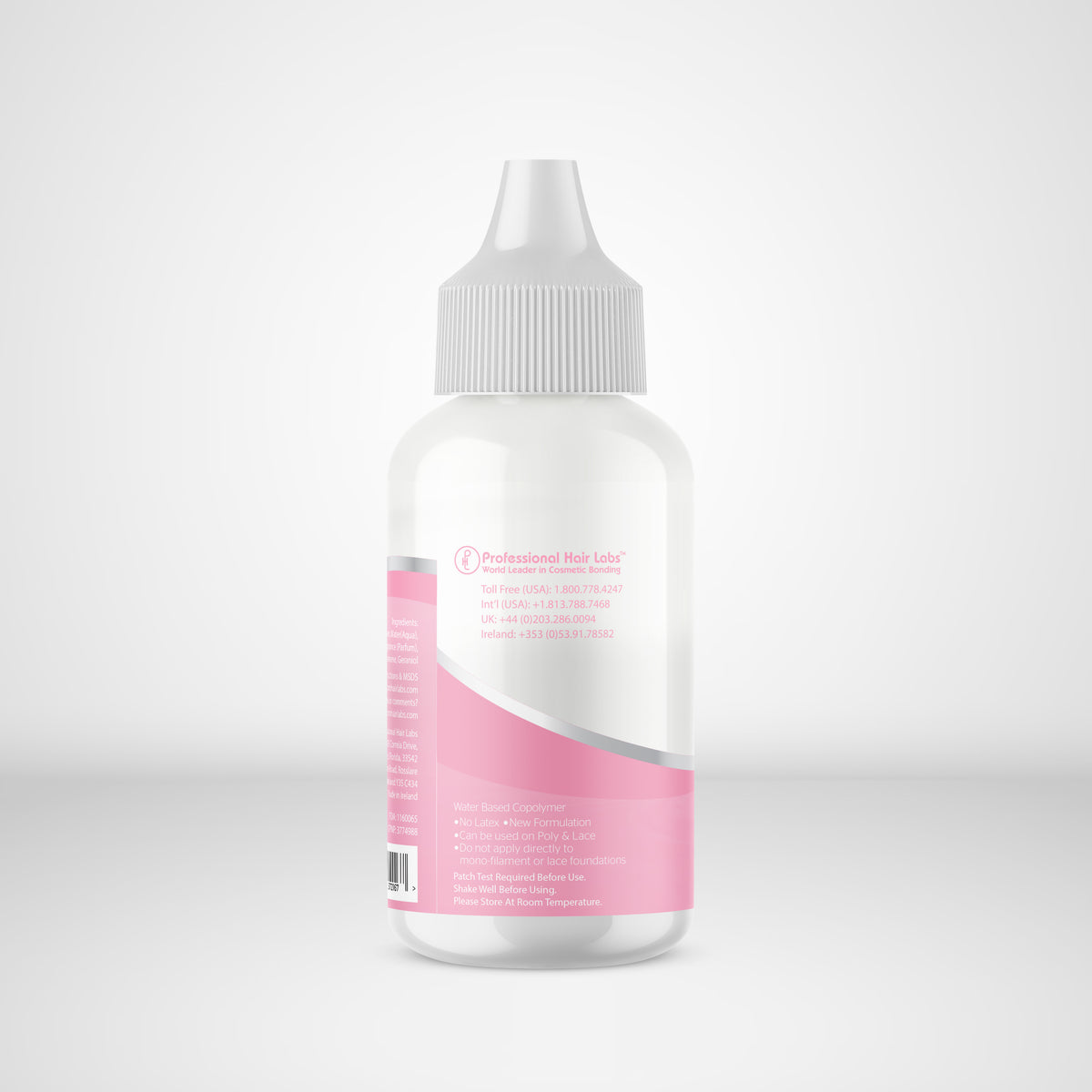 Bottle with a pink label on a light gray background