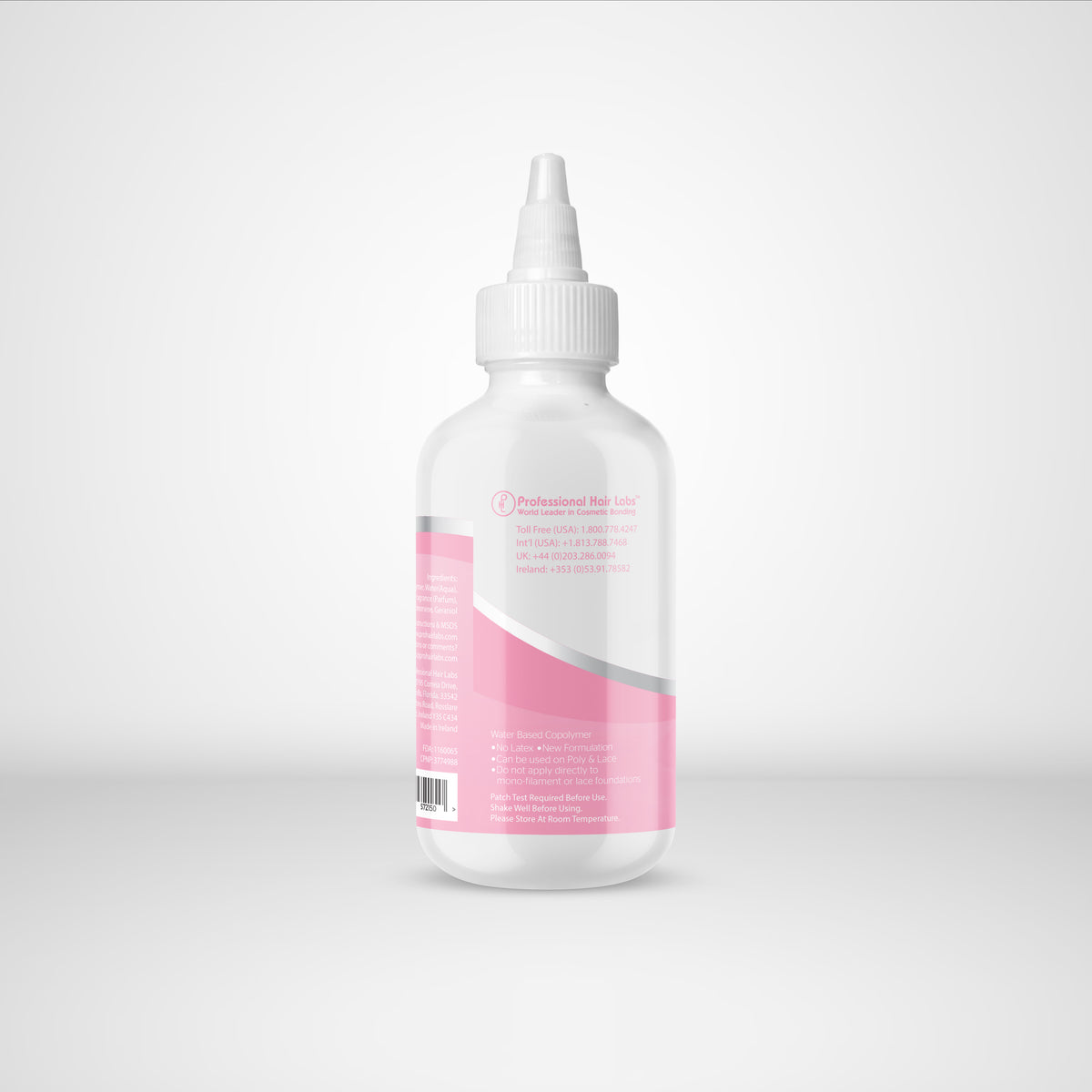 Bottle with a pink label on a white background