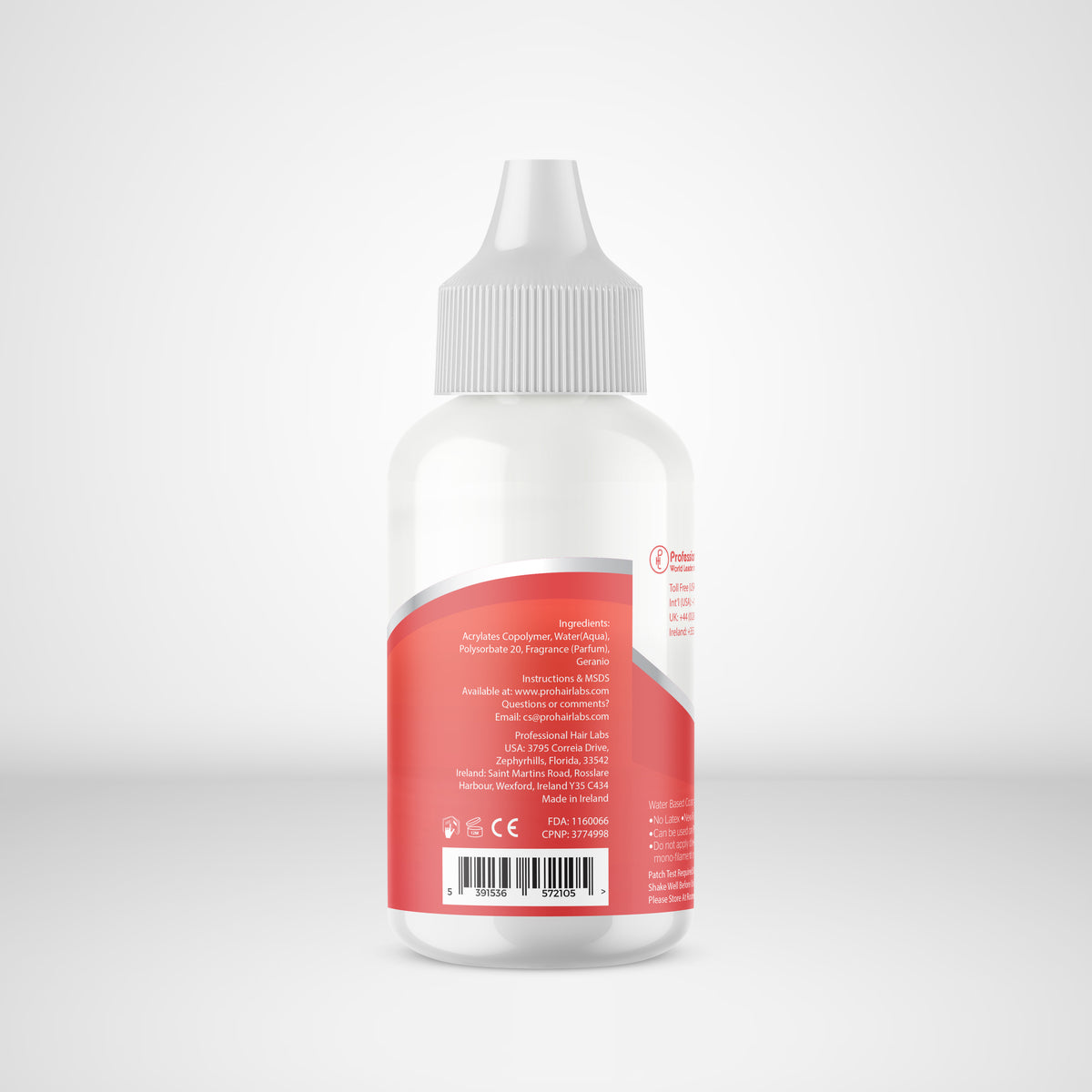Bottle with a red label on a white background