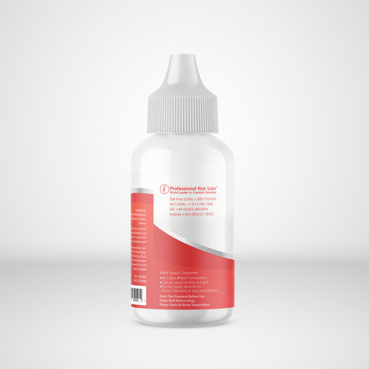 Bottle with a red label on a white background