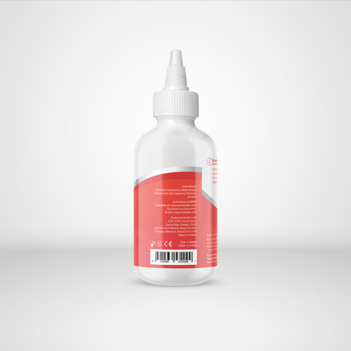 Bottle with a red label on a white background
