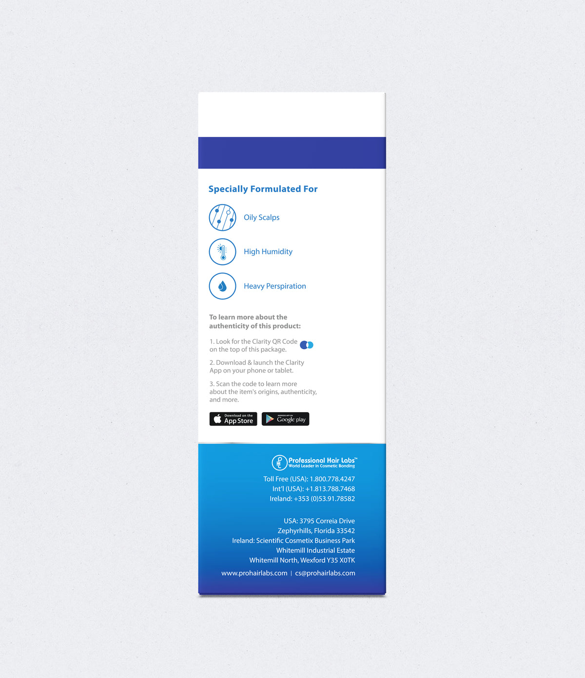 Product label with blue and white design on a light gray background