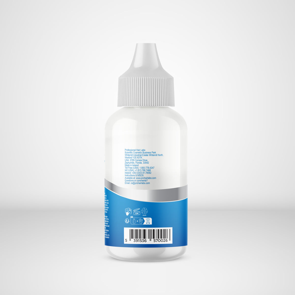White bottle with blue label on a light gray background