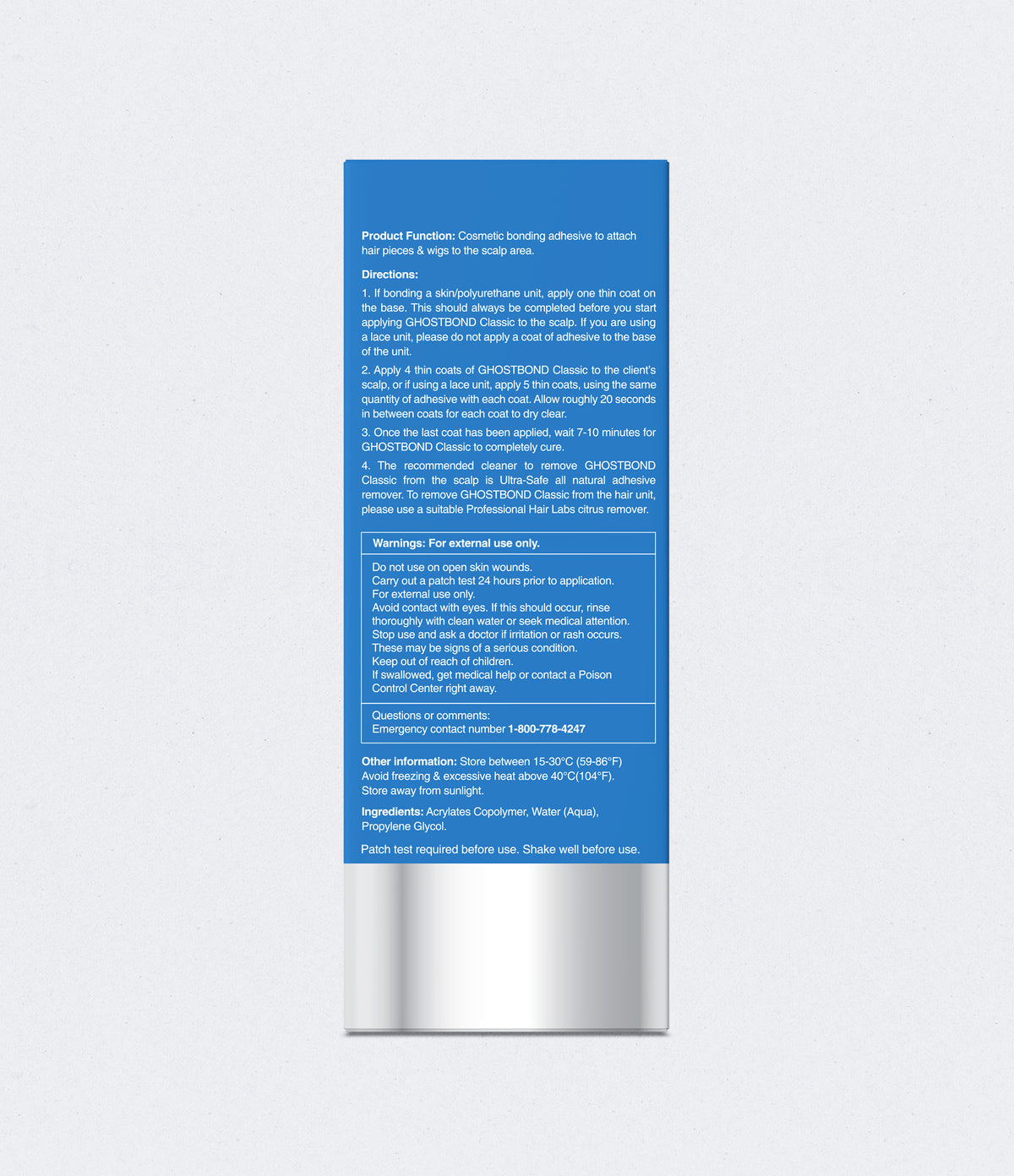 Product label with blue text on a white background