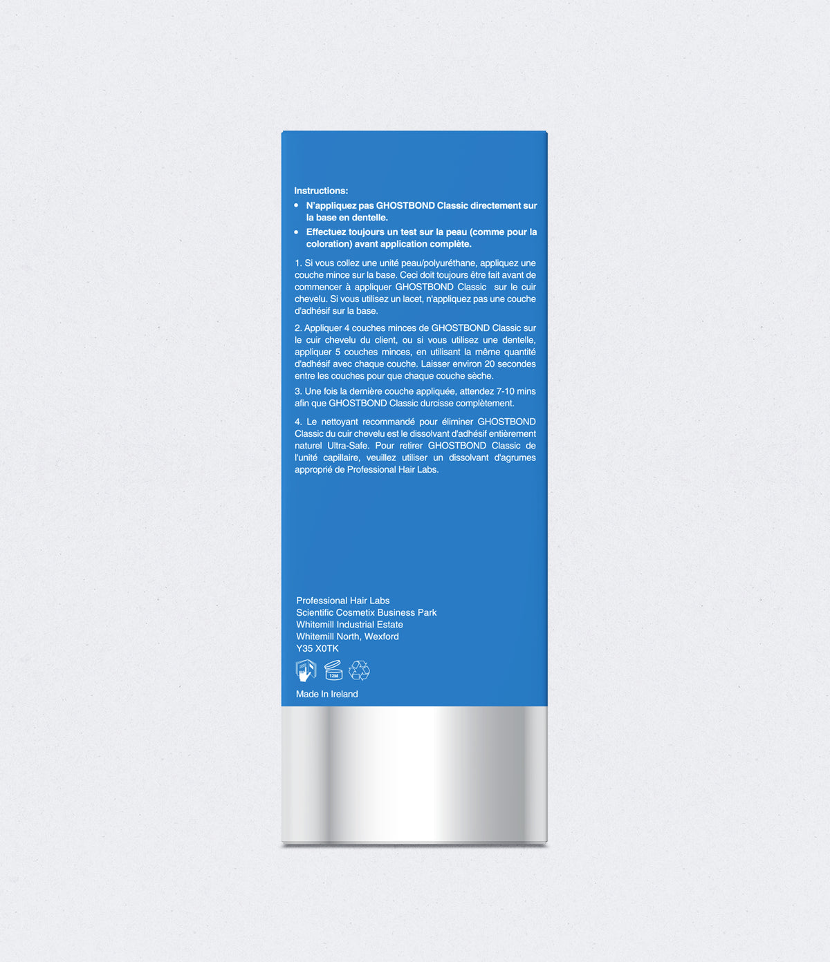 Blue and silver product packaging with text on a light gray background