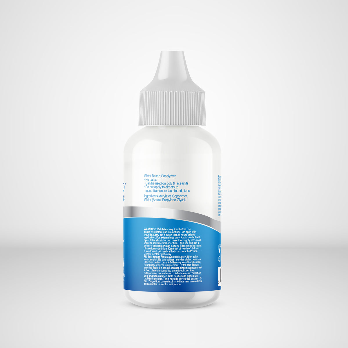 Clear bottle with blue label on a white background