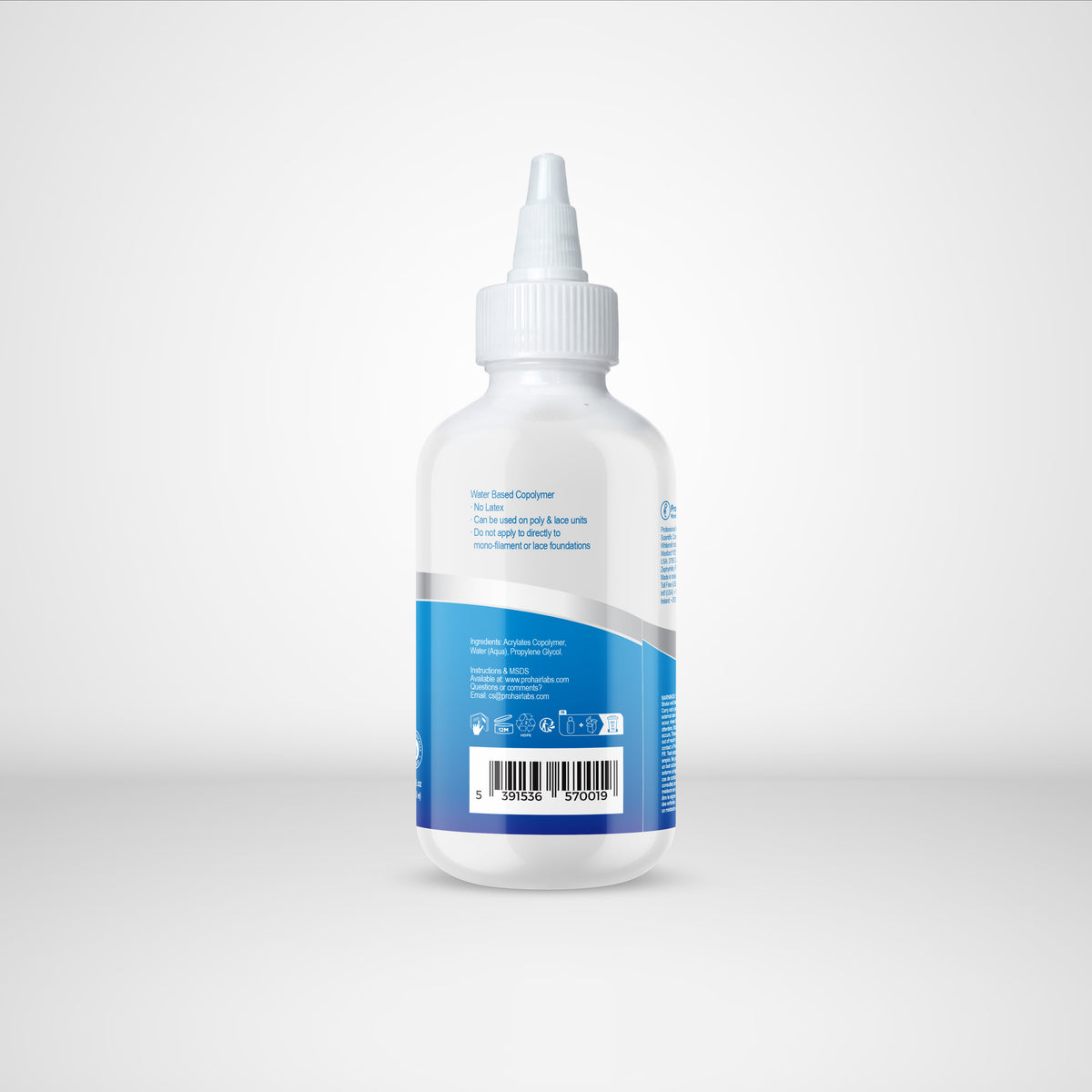 Bottle with a blue label on a white background