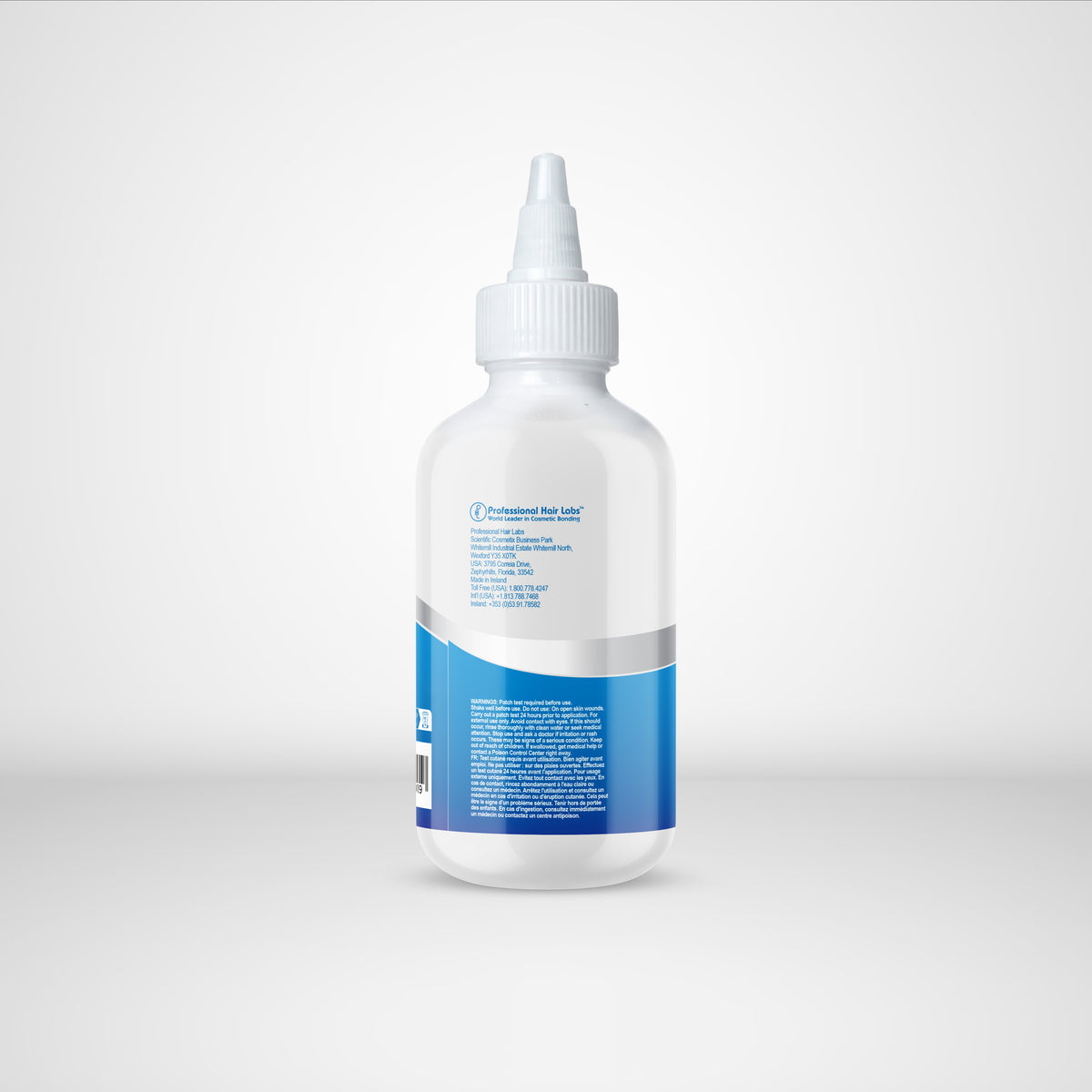 Bottle with a blue label on a white background