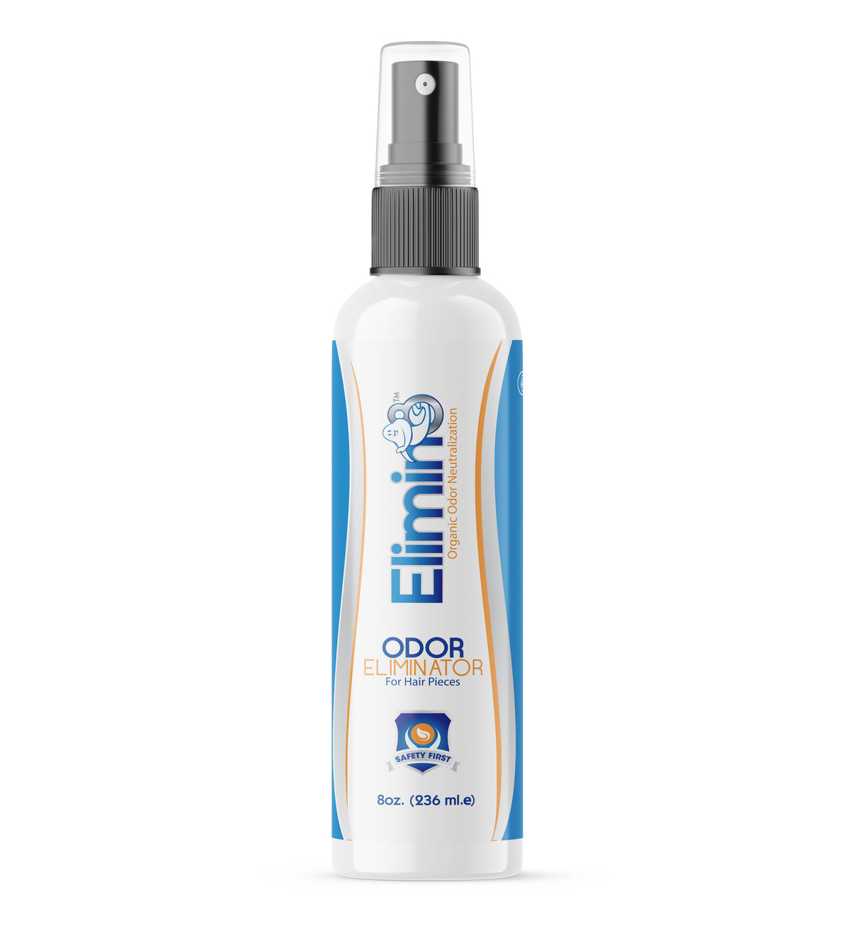Spray bottle labeled 'Elimin8' odor eliminator for hair pieces' on a white background
