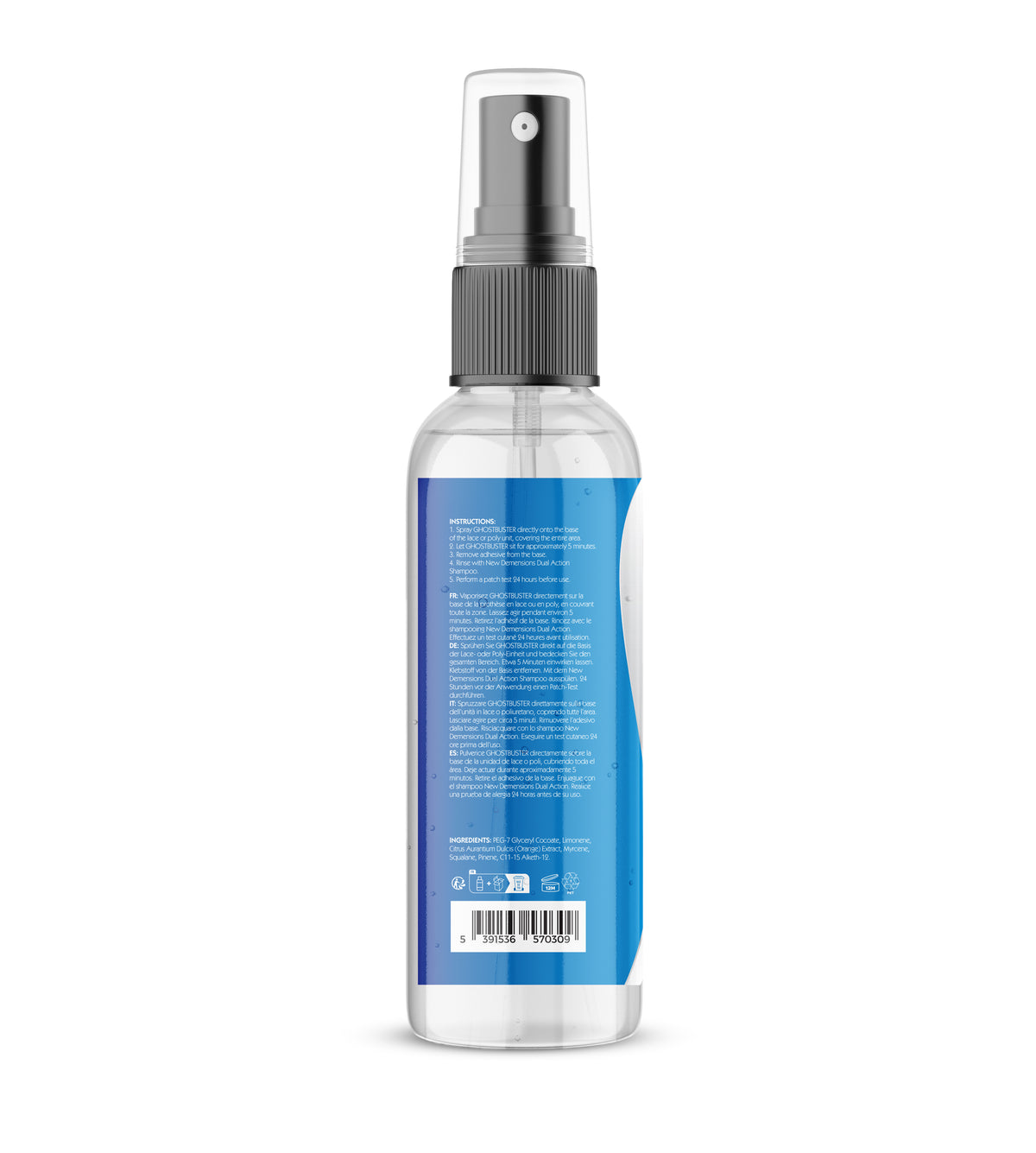 Clear spray bottle with blue label on a white background