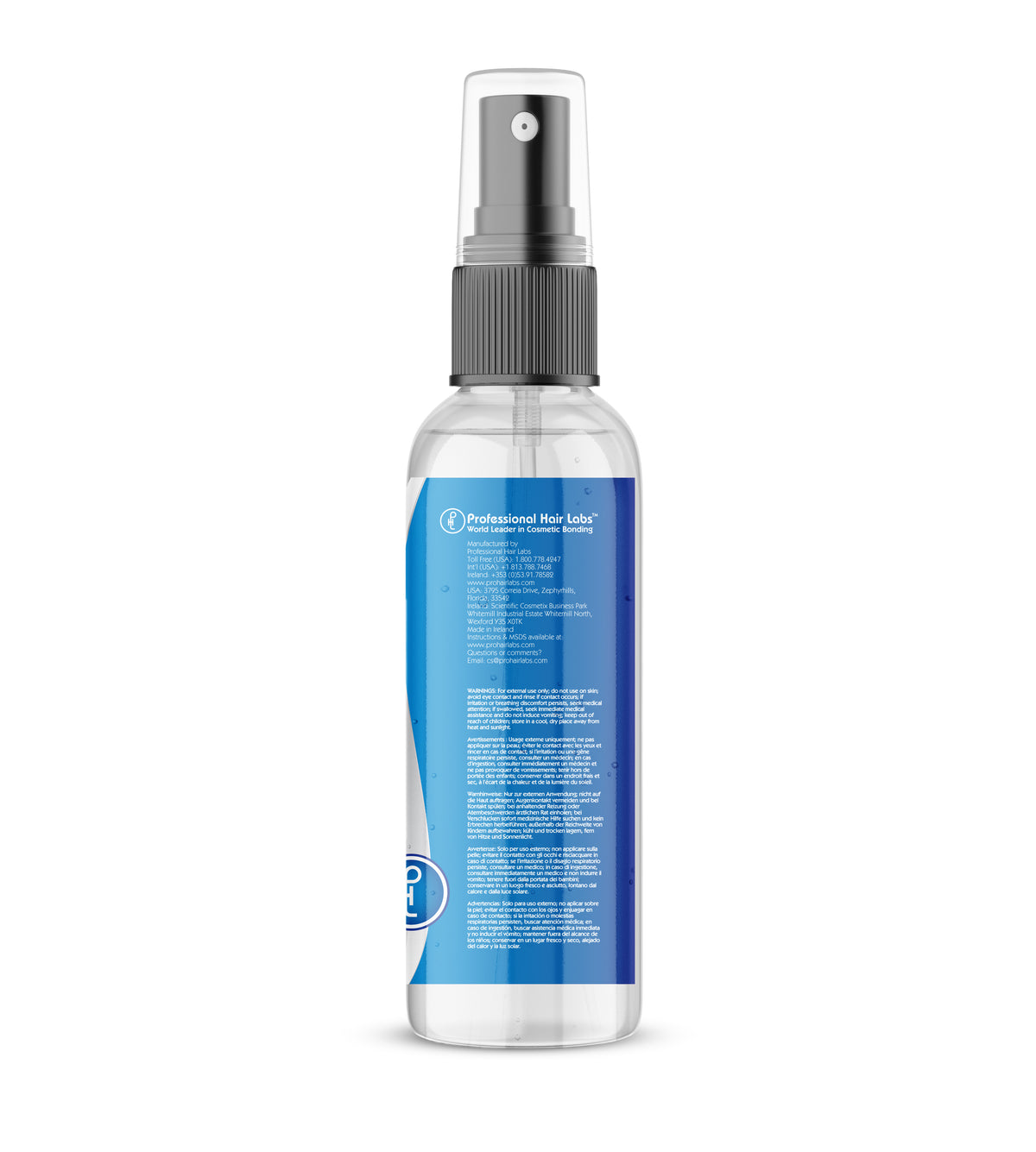 Clear spray bottle with blue label on a white background