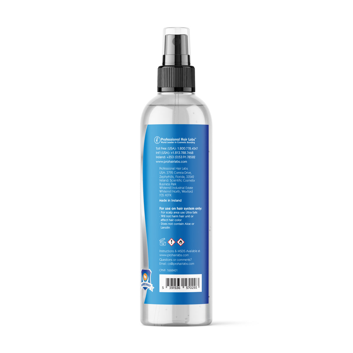 Clear spray bottle with blue label on a white background