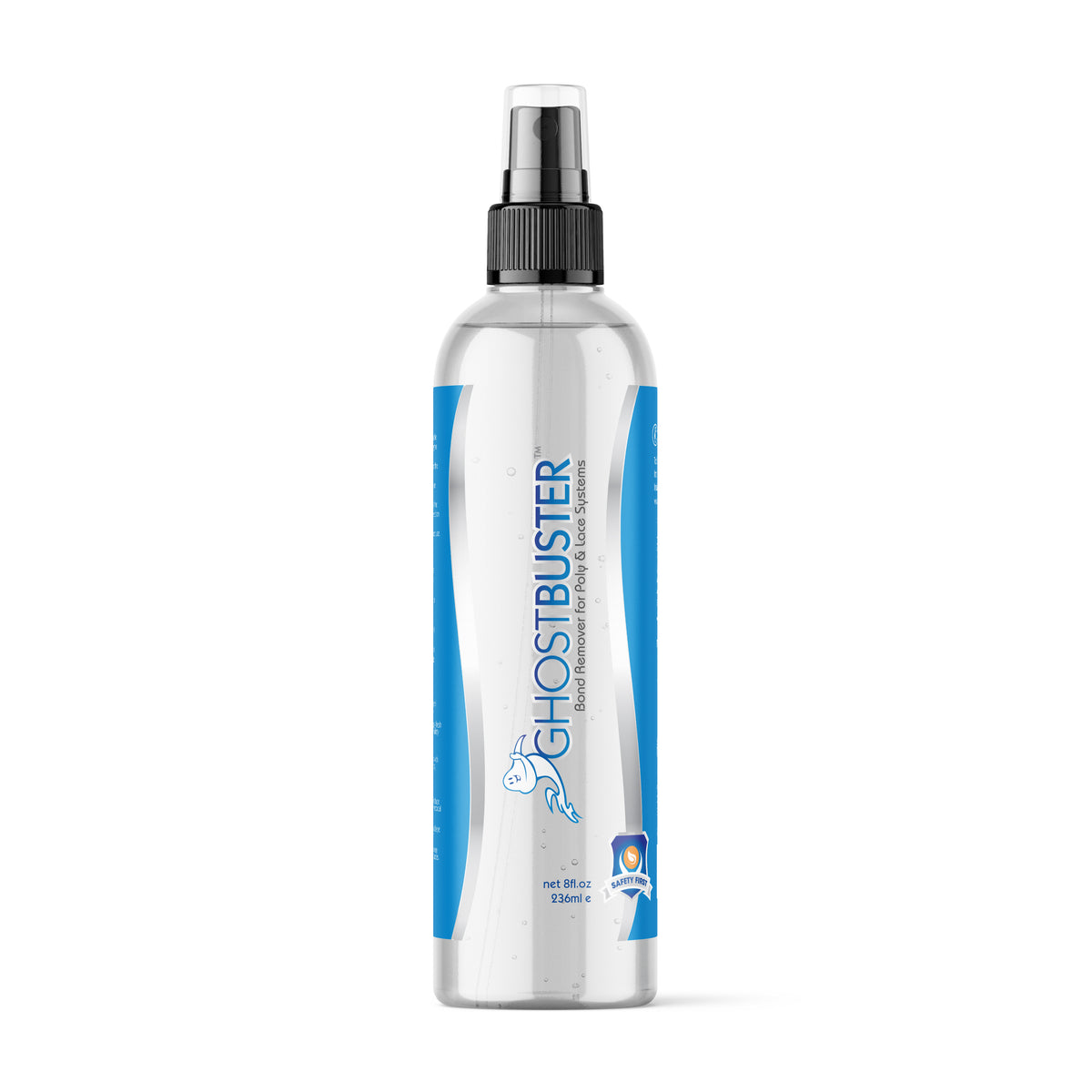 Clear spray bottle labeled 'Ghostbuster' on a white background