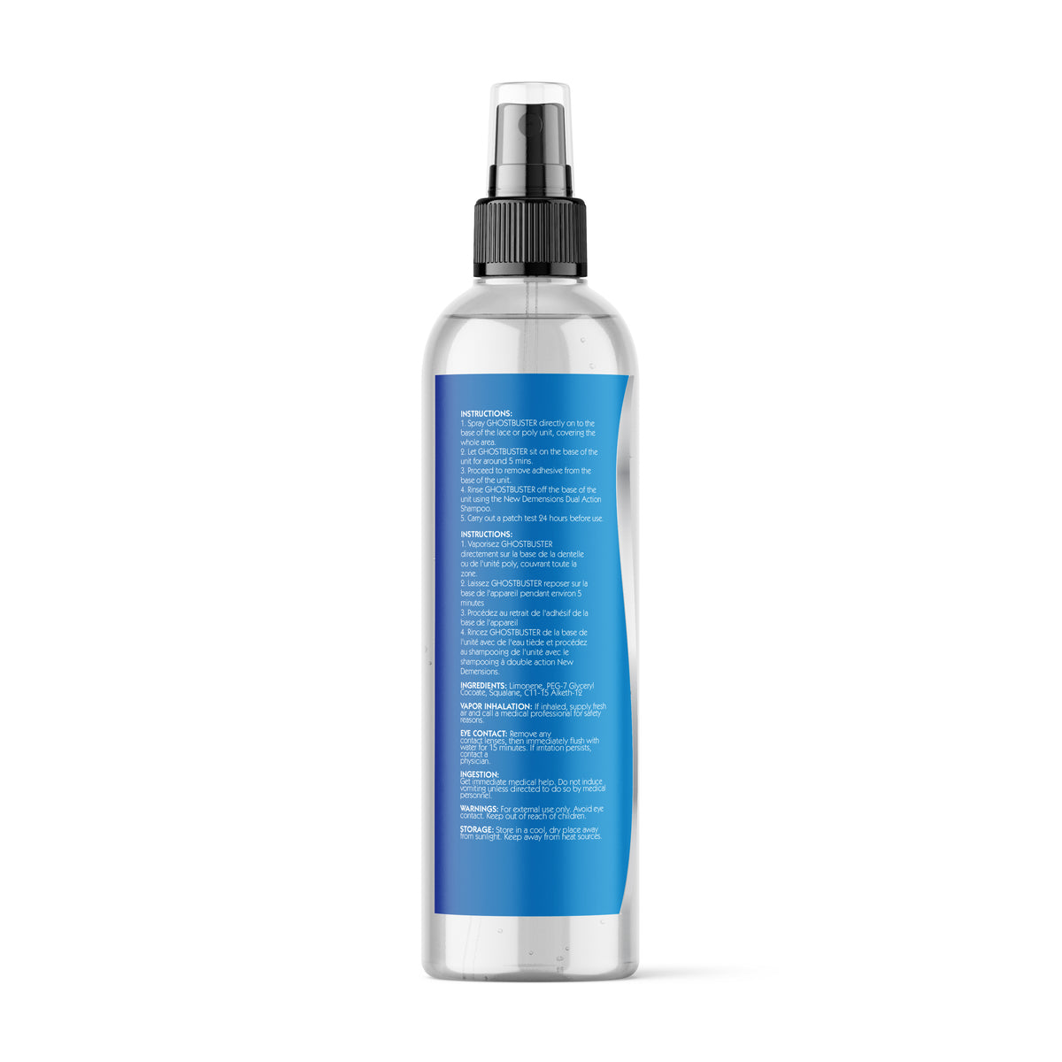 Clear spray bottle with blue label on a white background