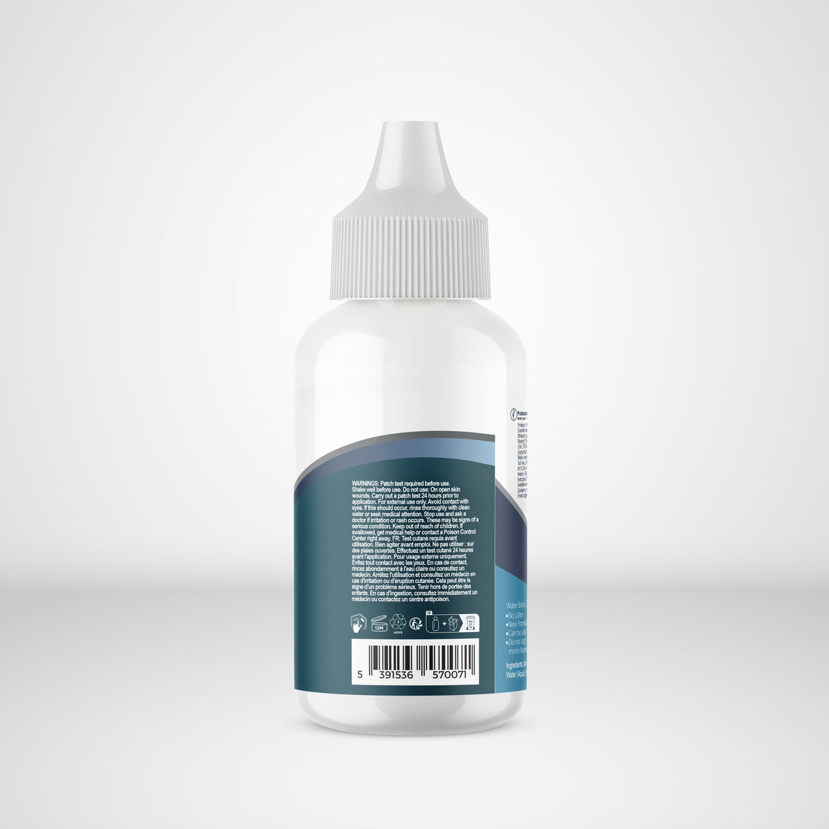 Clear bottle with a blue label on a light gray background
