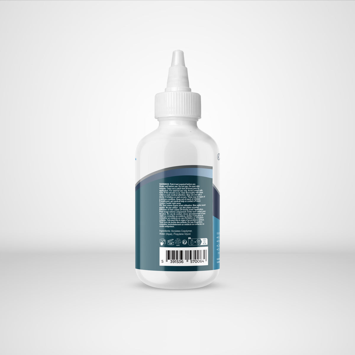 White bottle with a blue label on a white background