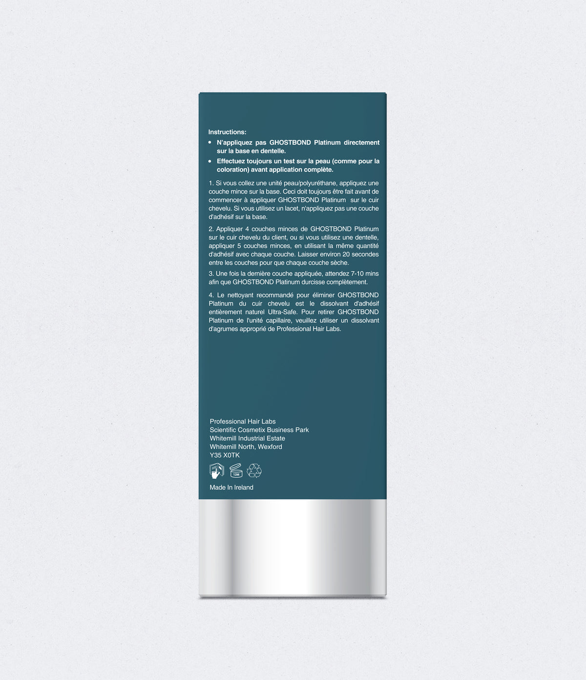 Product packaging with blue label and silver base on a light gray background