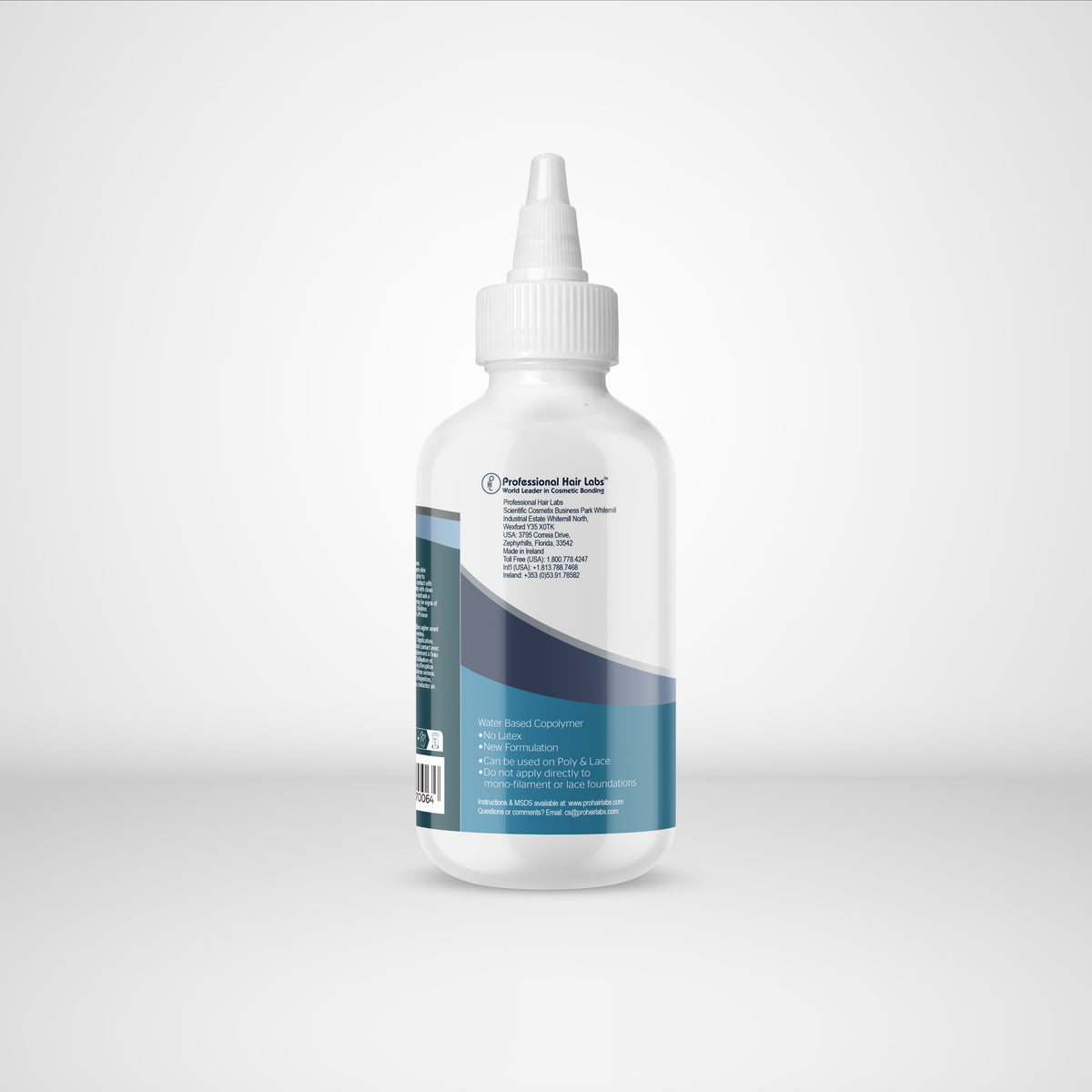 Bottle with a white cap and blue label on a light gray background