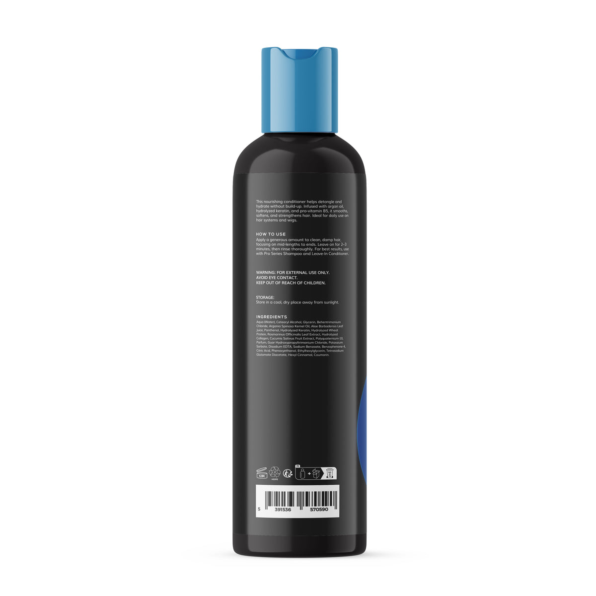 Black bottle with blue cap on a white background