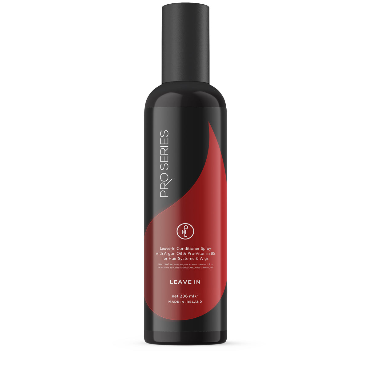 Black and red bottle of Pro Series leave-in conditioner on a white background