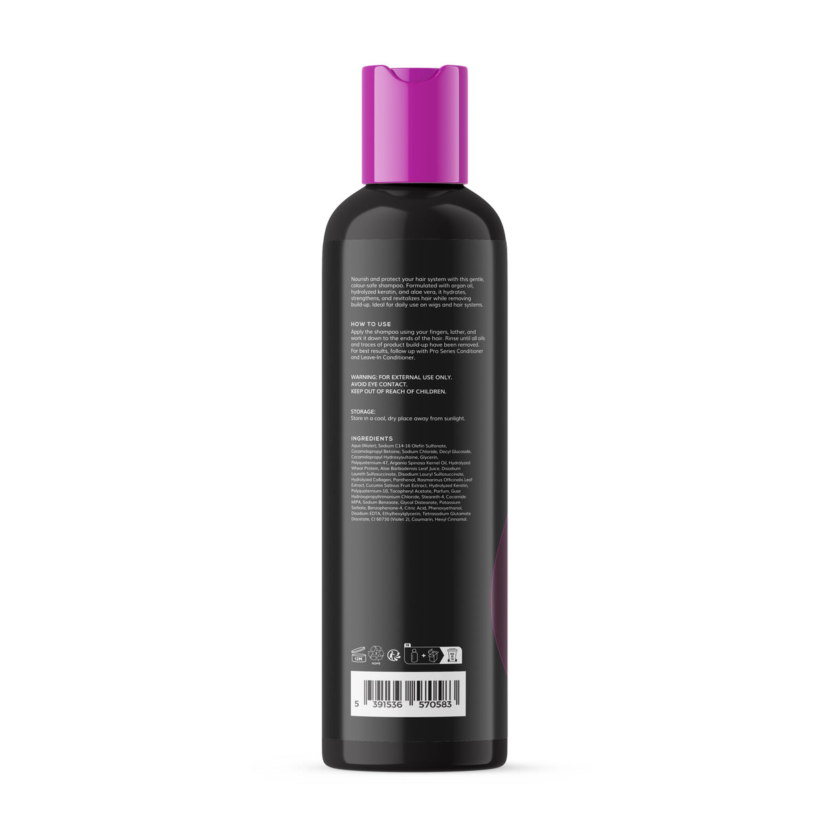 Black bottle with a purple cap on a white background