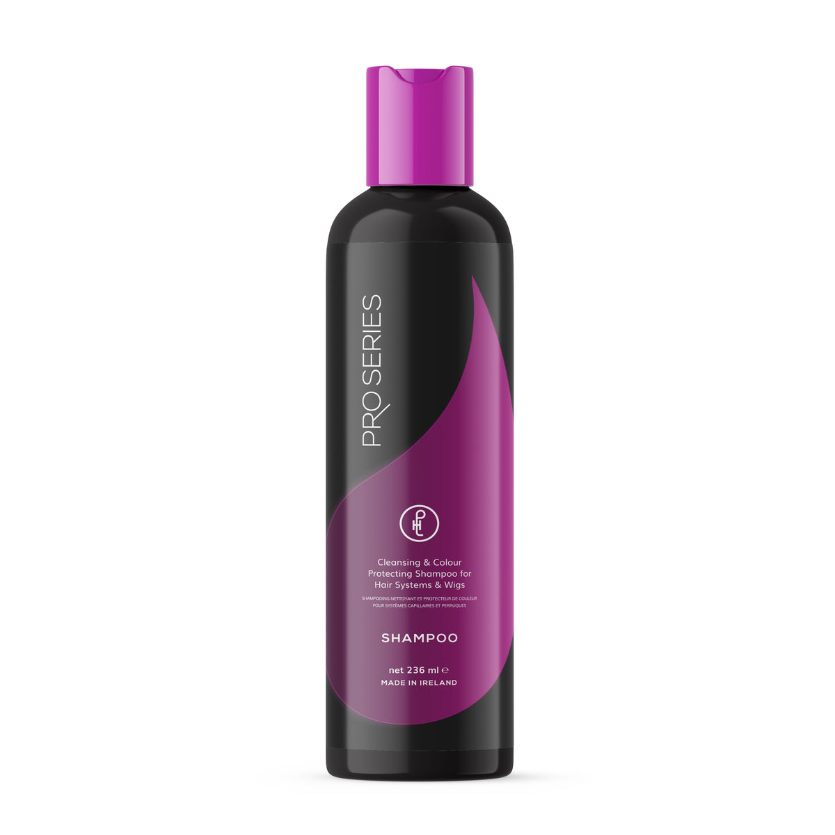 Shampoo bottle with purple label on a white background