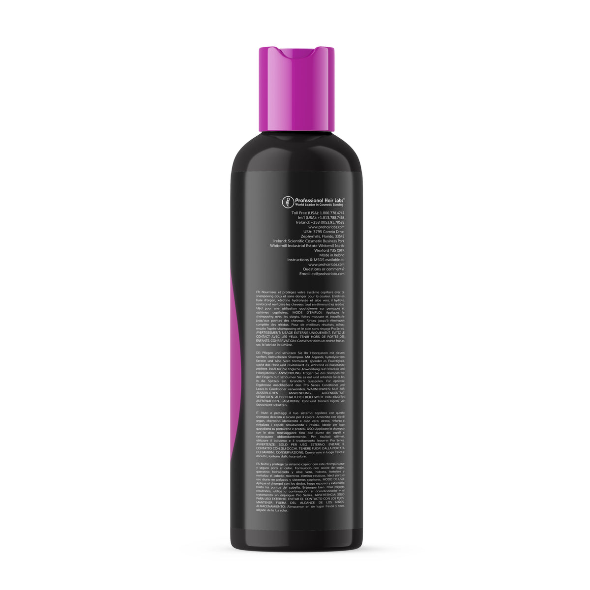 Black bottle with a purple cap on a white background