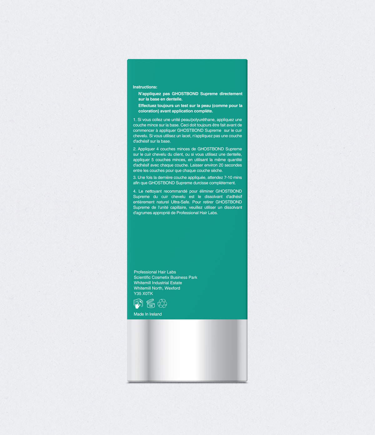 Teal and silver product packaging with text on a white background