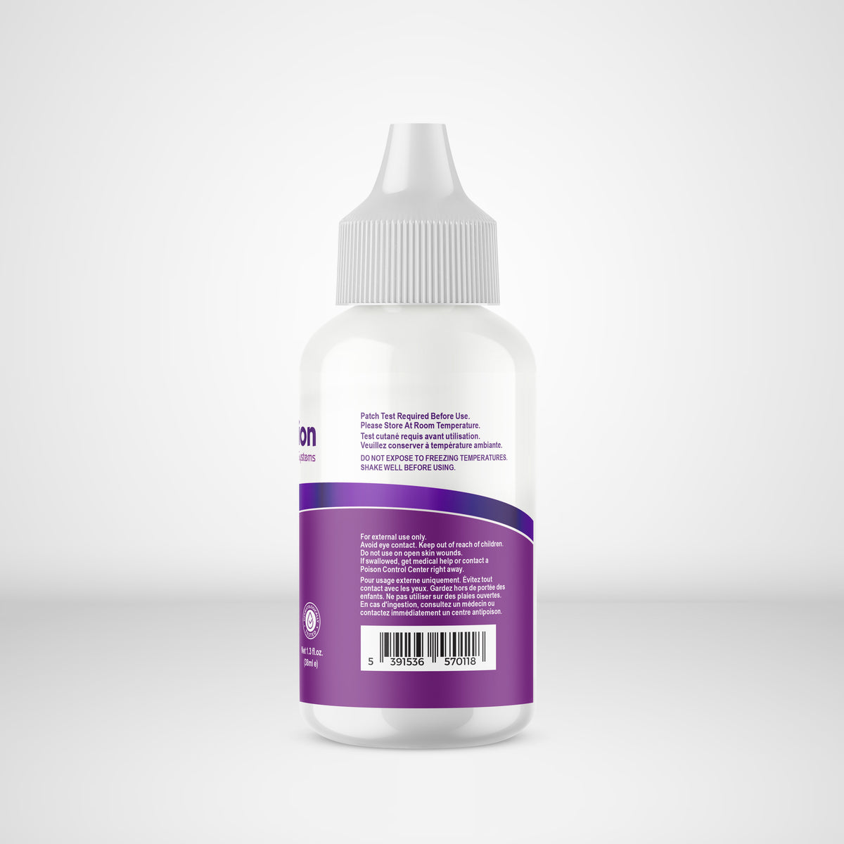 Bottle with a purple label on a light gray background