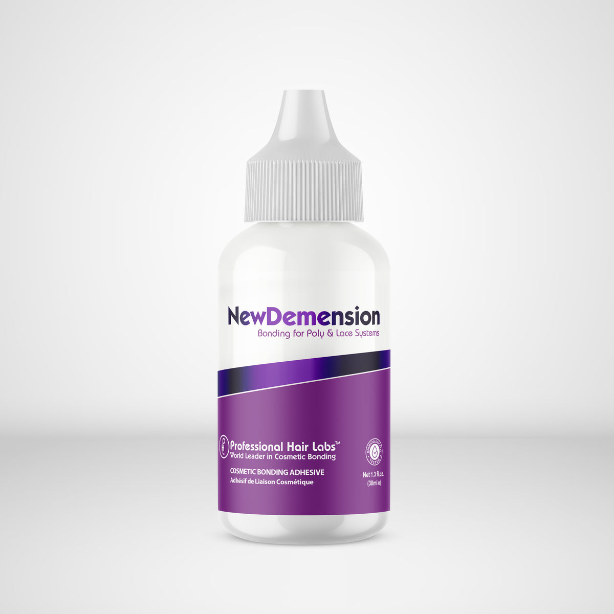 Bottle of NewDemension hair adhesive on a white background