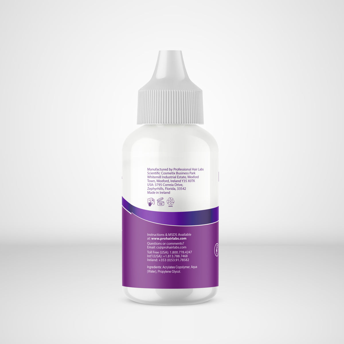 Bottle with a white cap and purple label on a light gray background