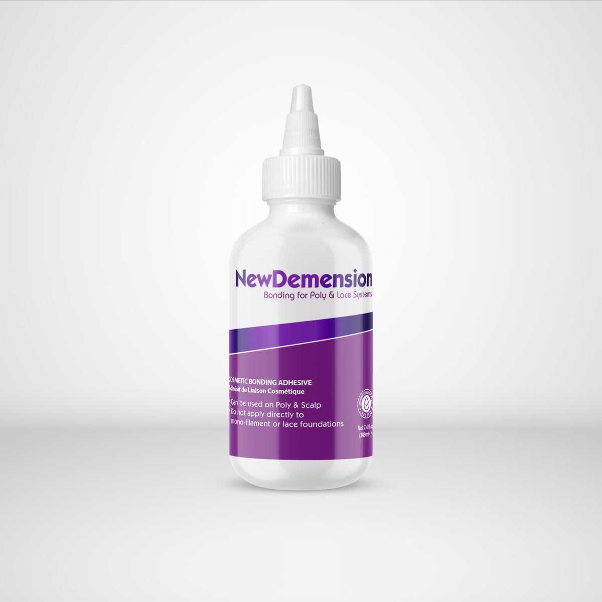 Bottle of NewDemension adhesive on a white background