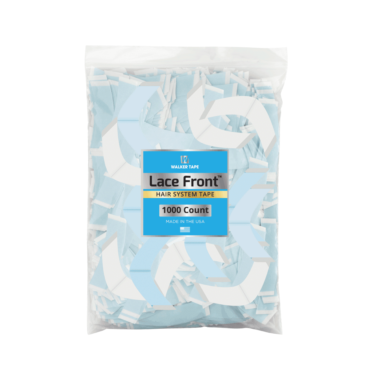 Package of lace front hair system tape with a blue label on a white background