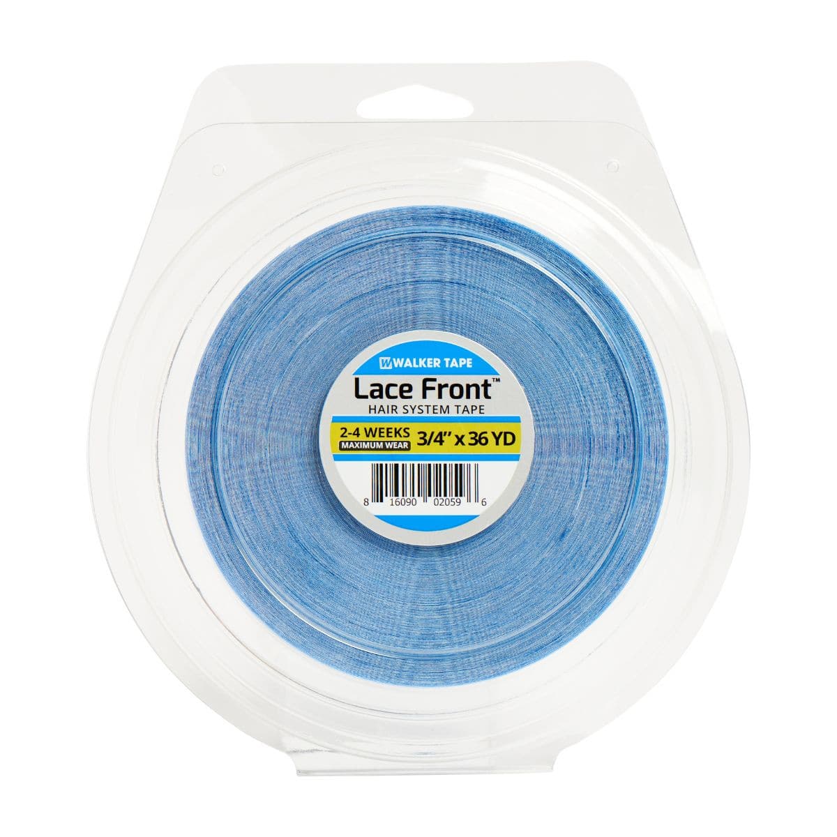Packaged lace front hair system tape with Walker Tape branding on a white background