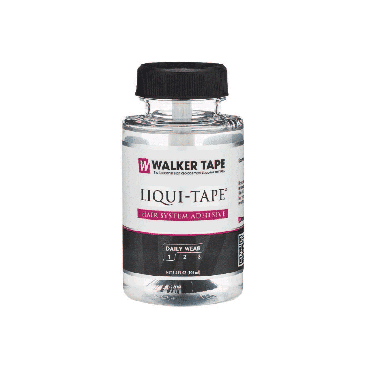 Bottle of Walker Tape Liqui-Tape hair system adhesive on a white background