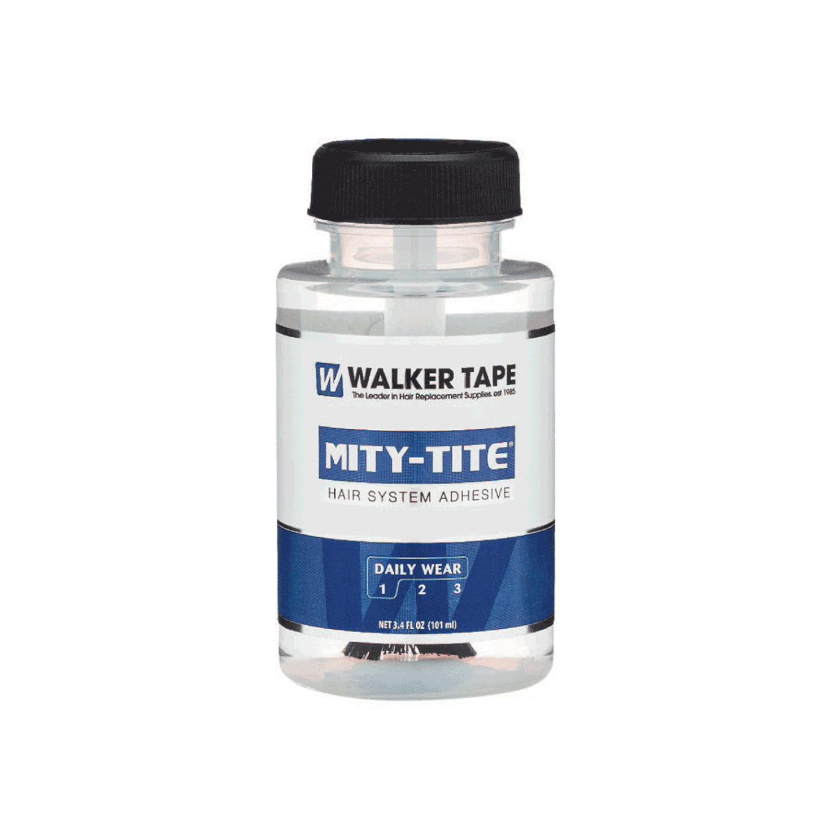 Bottle of Walker Tape Mity-Tite hair system adhesive on a white background