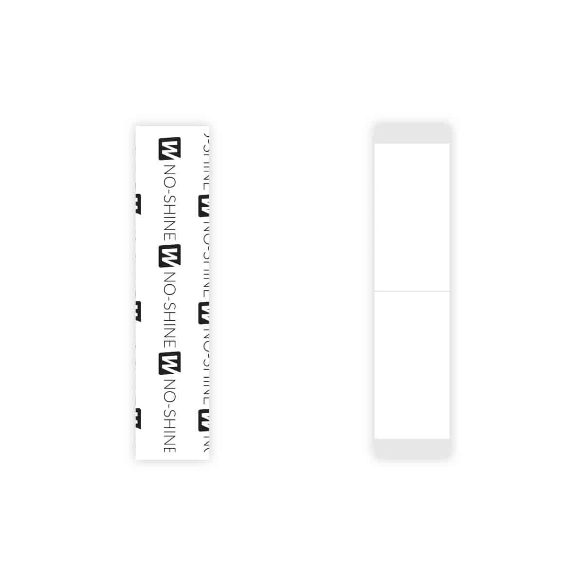 Two white tape tabs with black text on a white background